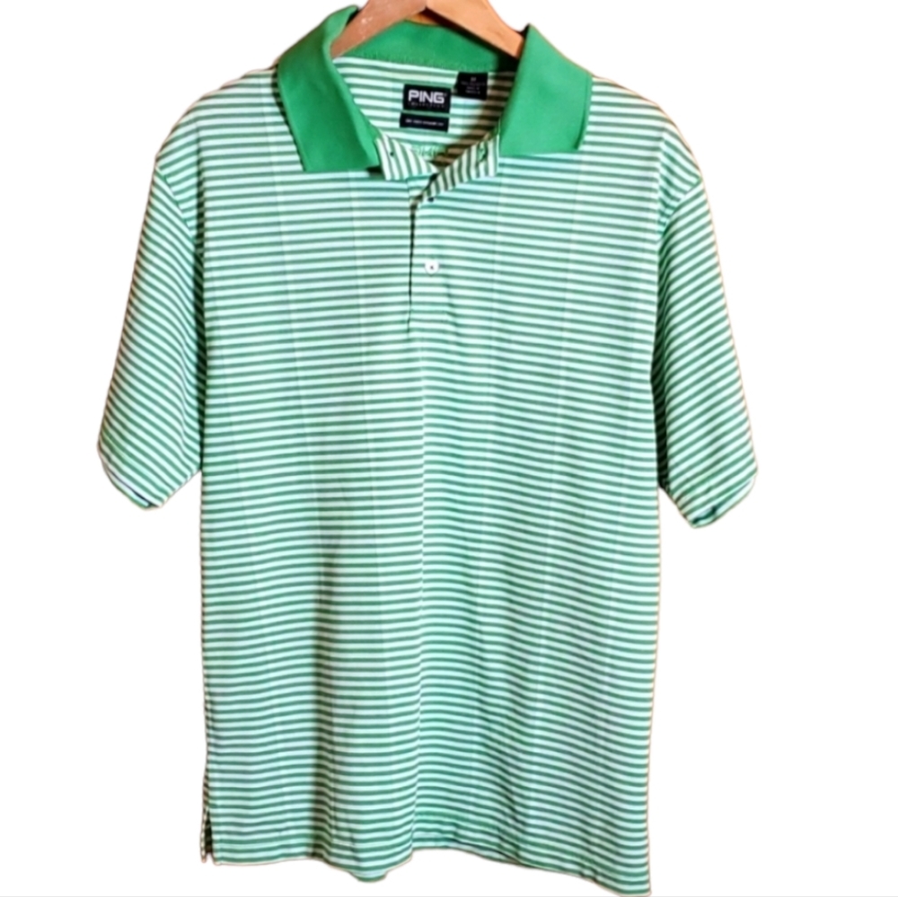 PING M GREEN & WHITE STRIPPED POLO